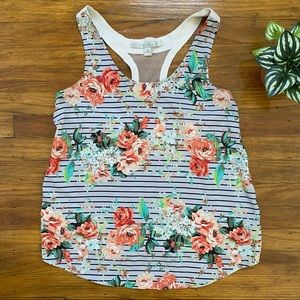 LC Lauren Conrad Light Grey Striped Tank w/ Floral Pattern Sz Small Mesh Back